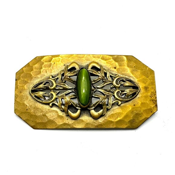 XL Art Nouveau Brass Brooch with Green Foil-Back Glass Stone — EUC - Picture 8 of 9